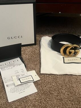 Gucci Black Leather Belt with Gold Double G Signature Buckle
